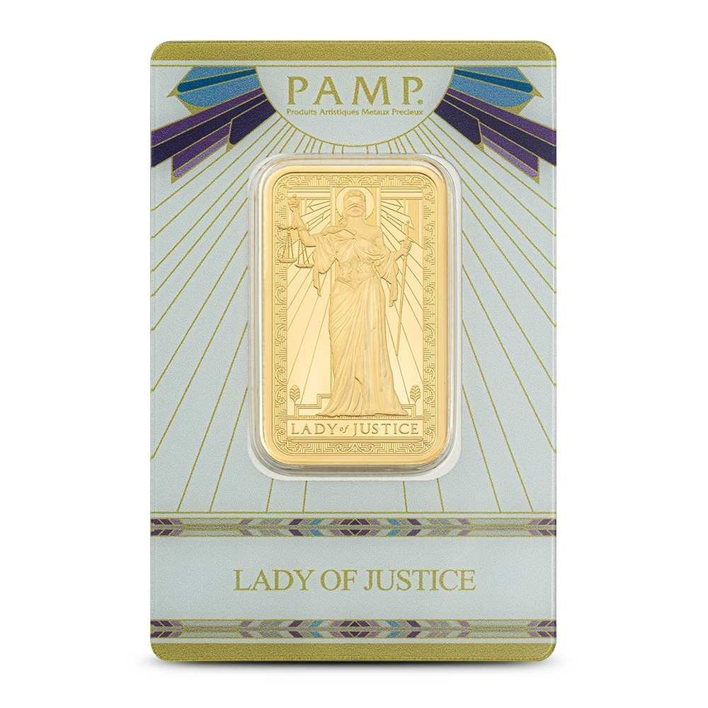 1 oz PAMP Suisse Gold Lady of Justice Bar (New w/Assay)