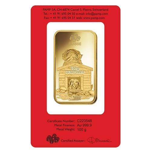100 Gram PAMP Suisse Lunar Dog Gold Bar (New w/ Assay) - Image 2